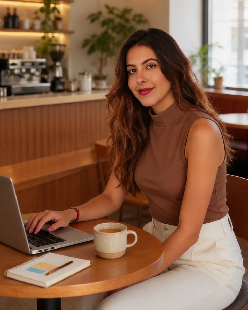 Nathany Less trabalhando no notebook em um café